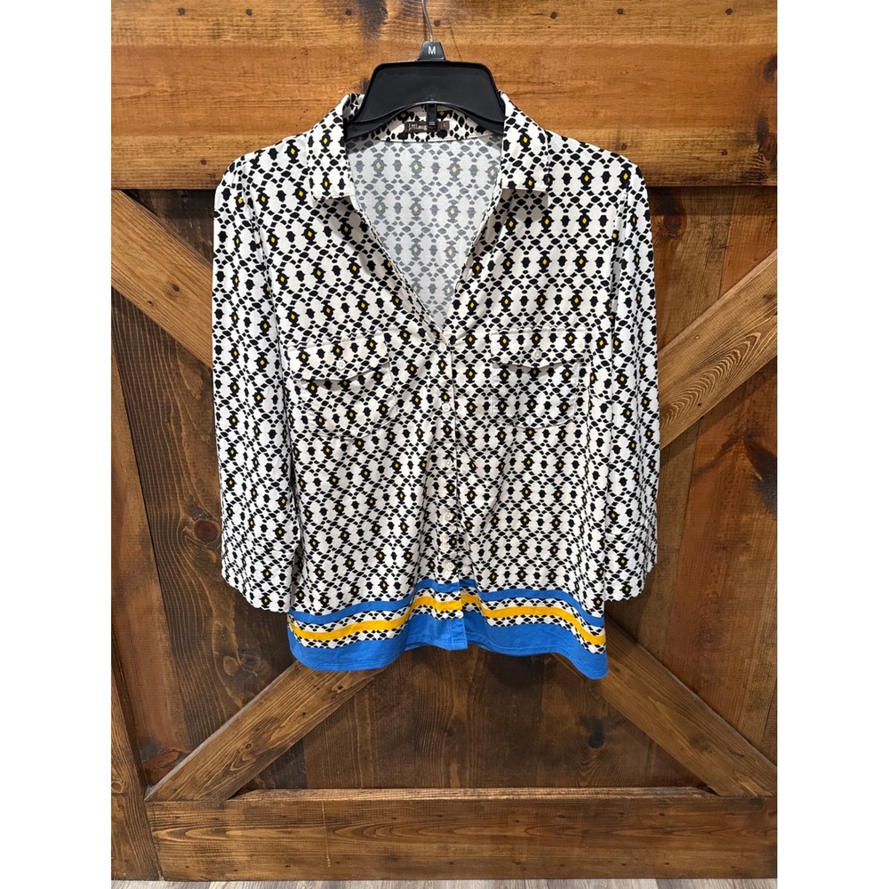 J.McLaughlin Geometric Print Button Front Top Blue Border Accent Womens Large